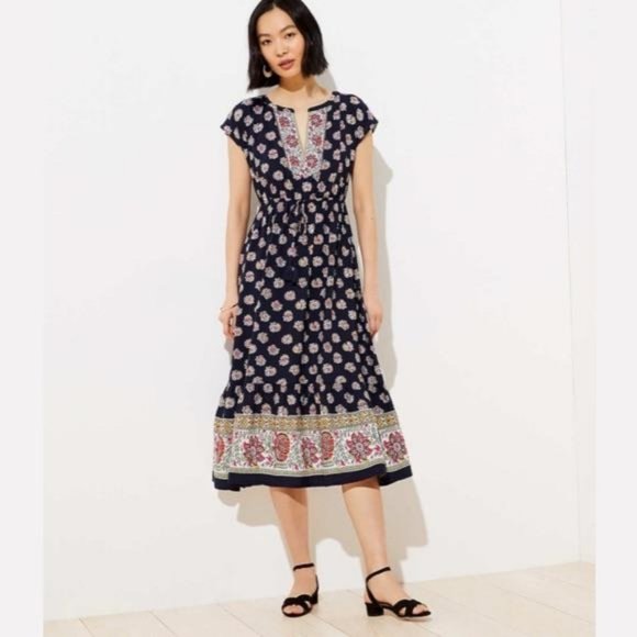 LOFT Dresses & Skirts - LOFT Navy Blue Floral Drawstring Midi Dress M